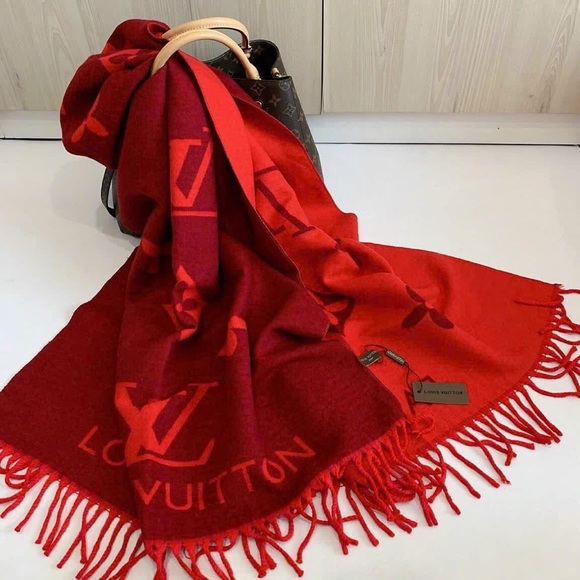 Louis Vuitton Burgundy and Red Logo Cashmere Scarf - Picture 4 of 5